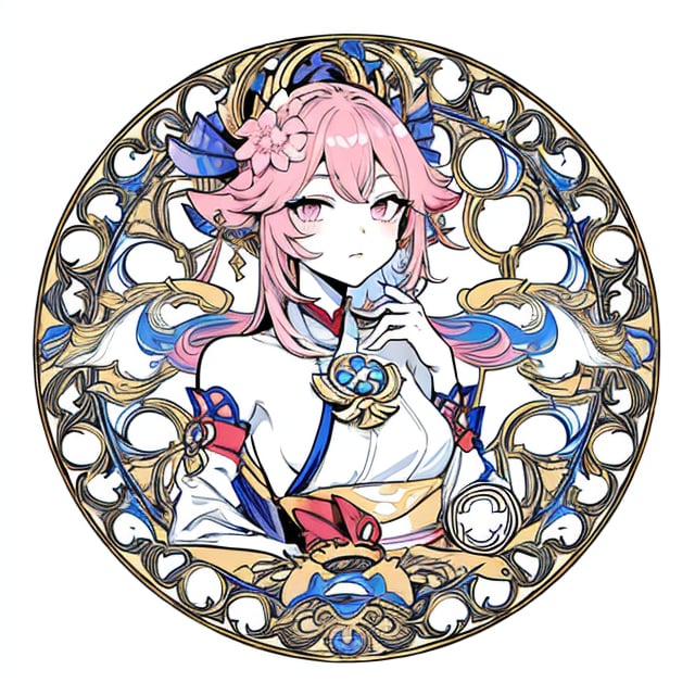 masterpiece, best quality, 1girl, flowers, flat color, lineart, abstract, ornate, ((gold and blue theme)), rond shape border, yae Genshin, (((pink hair))),yaemikodef,Yae miko