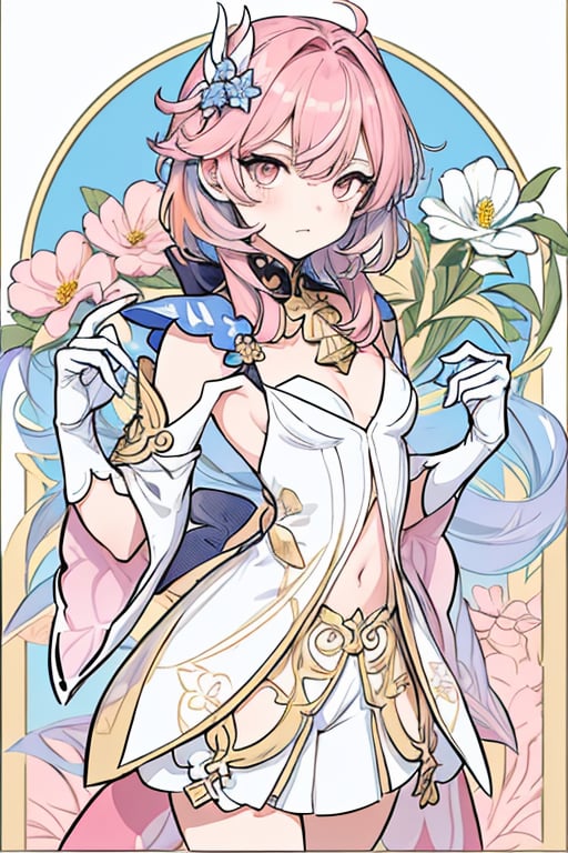 masterpiece, best quality, 1girl, flowers, flat color, lineart, abstract, ornate, ((gold and blue theme)), rond shape border, Eula Genshin, (((pink hair))),