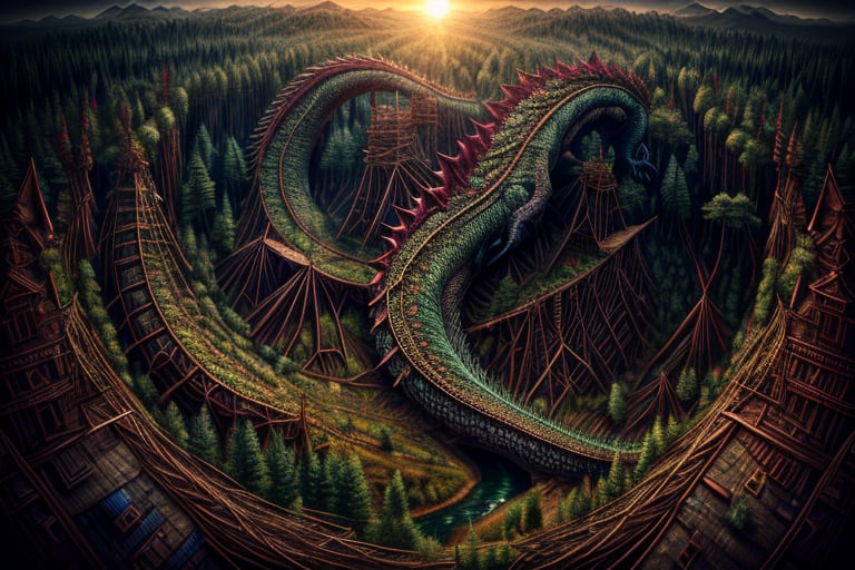 (Absurdres, Intricate Details, Masterpiece, Best Quality, High Resolution, 8k)Aerial view scenery of Taiga ,1400years,Daylight (gloomy illumination, insane, stunning, dramatic, completed artwork, HQ:1.1), ,TreeAIv2,no humans,scenery, day light, sun set, sunny, ((giant dragon discret)),