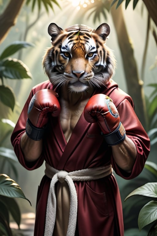 A raw photo of a realistic tiger, (wearing boxing gloves and robe), fur, jungle backdrop, trees, plants, flowers, sunlight 32k UHD