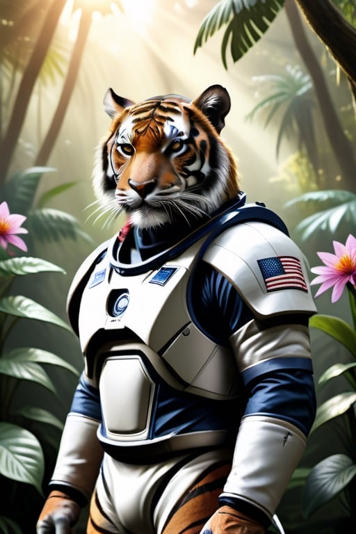 A raw photo of a realistic tiger, (wearing space man costume), fur, jungle backdrop, trees, plants, flowers, sunlight 32k UHD