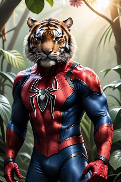 A raw photo of a realistic tiger, (wearing Spiderman costume), fur, jungle backdrop, trees, plants, flowers, sunlight 32k UHD