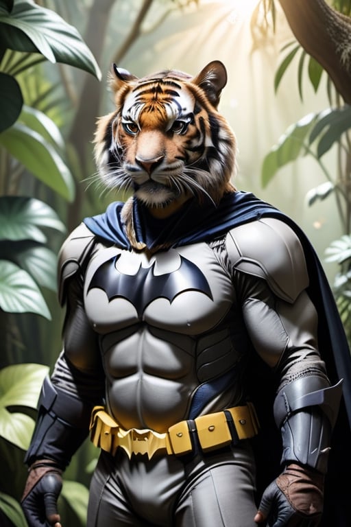 A raw photo of a realistic tiger, (wearing Batman costume), fur, jungle backdrop, trees, plants, flowers, sunlight 32k UHD