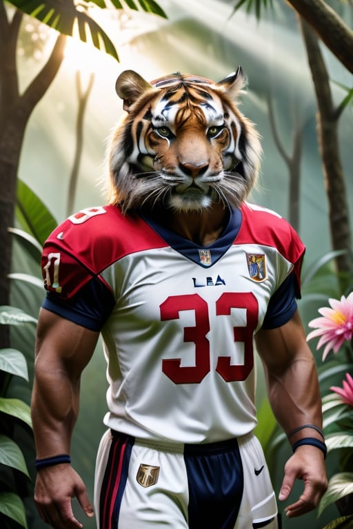 A raw photo of a realistic tiger, (wearing LA football kit), fur, jungle backdrop, trees, plants, flowers, sunlight 32k UHD