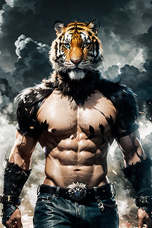 masterpiece, best quality, (half-tiger-half-man), (very muscular), (covered-with-fur), (wearing-battle-gear), majestic, powerful,  (very colorful),(finely detailed), cinematic lighting, extremely detailed CG unity 8k wallpaper,Indian,