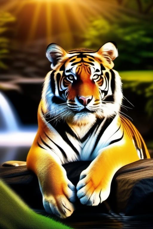 A tiger made of diamonds of different colours, standing near a waterfall, golden hour sunshine, excellent detail, 5k photo quality, vivid details 