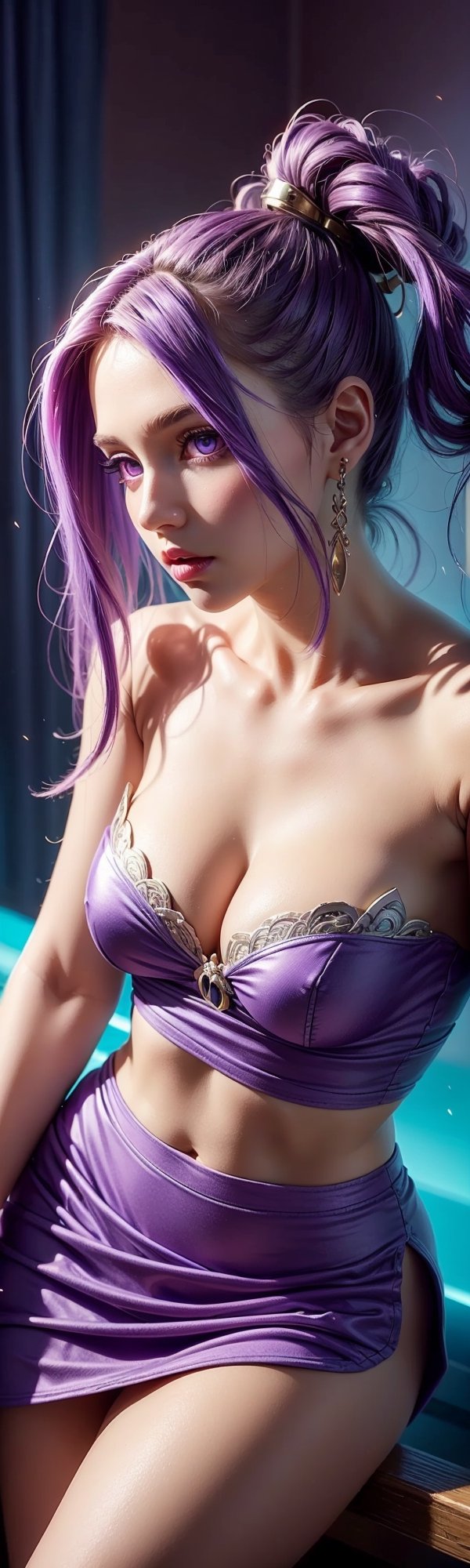 ((masterpiece, best quality)), 1 girl, long purple hair, pigtails, purple top, purple miniskirt, highly detailed face, purple eyes, beautiful makeup, realistic hair lighting, curvy body, top view , high angle, head closer to the camera and body further away, face effect closer to the camera, uhd image, vibrant artwork, vibrant manga, mix of fantasy and realistic elements, vibrant artwork,realhands