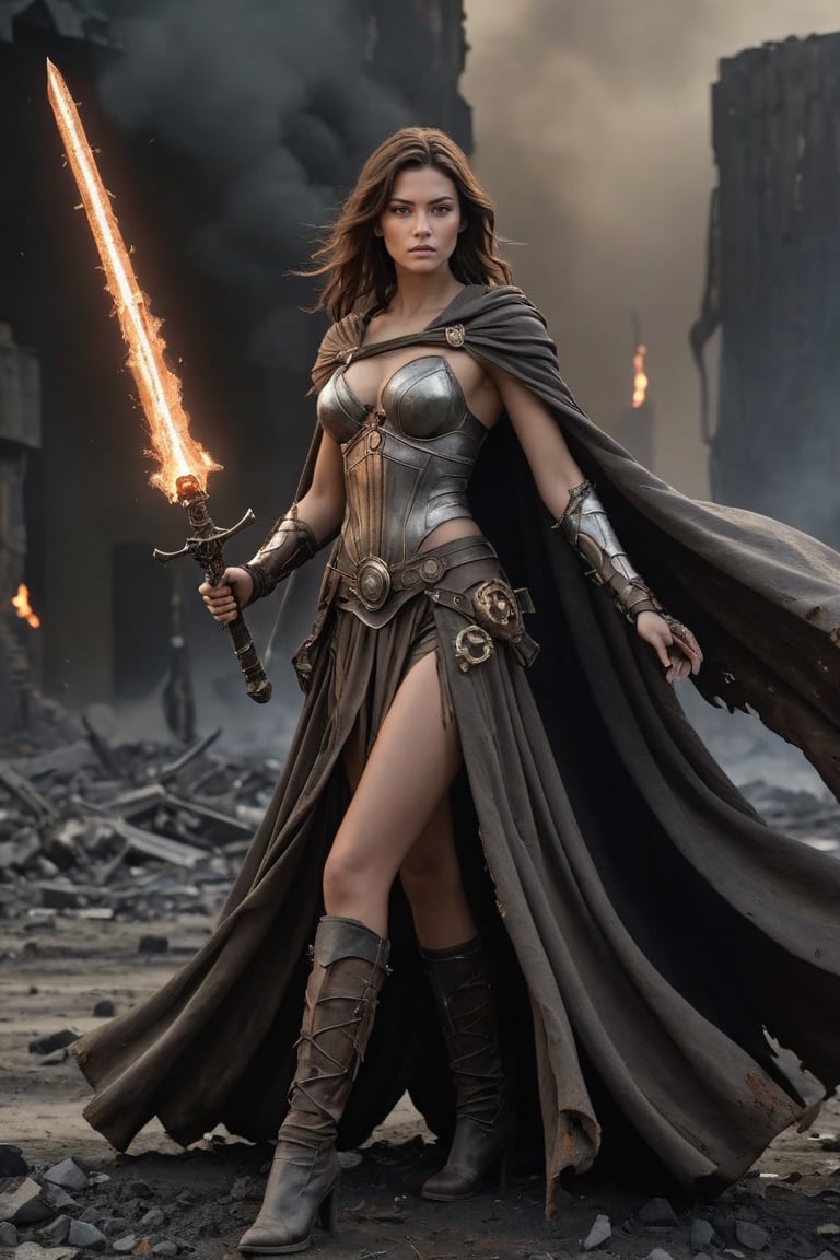 A beguiling post-apocalyptic warrior goddess,  eyes blazing with determination,  ragged cape billowing behind her curvaceo...