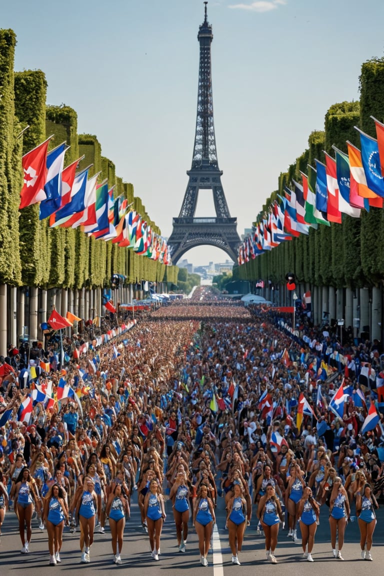 A kaleidoscope of vibrant colors and athletic elegance fills the iconic Champs-Élysées as numerous pretty sportsgirls from around the world attend the Opening Ceremony of the 2024 Paris Olympics. Amidst the Eiffel Tower's majestic backdrop, a sea of flags waves in unison, showcasing unity among nations. Multinational athletes beam with excitement and pride,photorealistic:1.3, best quality, masterpiece,MikieHara,