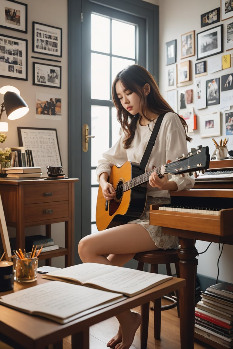 A young and pretty writer is composing song lyrics,  she has talent and she is a genius,  her room filled with creative in...