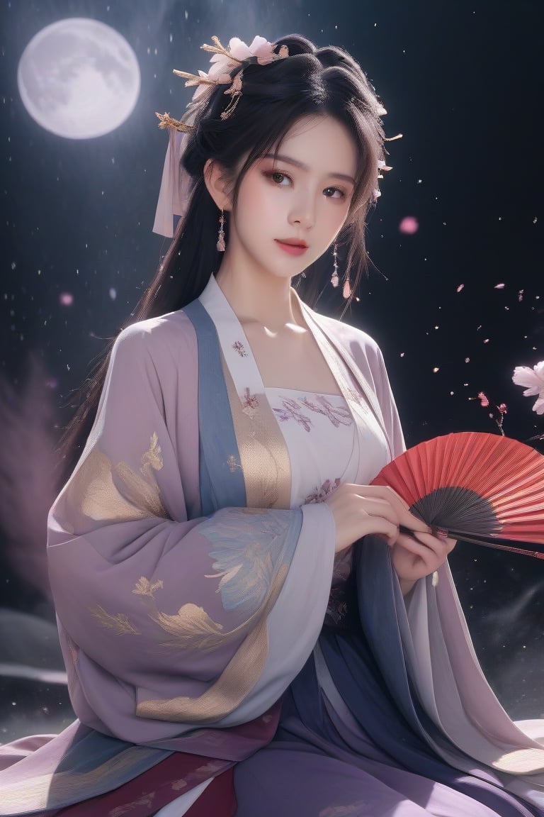 muelsyse (arknights),1girl, solo,hanfu,chinese clothes,splatter background, holding fan, best quality, amazing quality, very aesthetic, absurdres,chinese girls,<lora:659095807385103906:1.0>