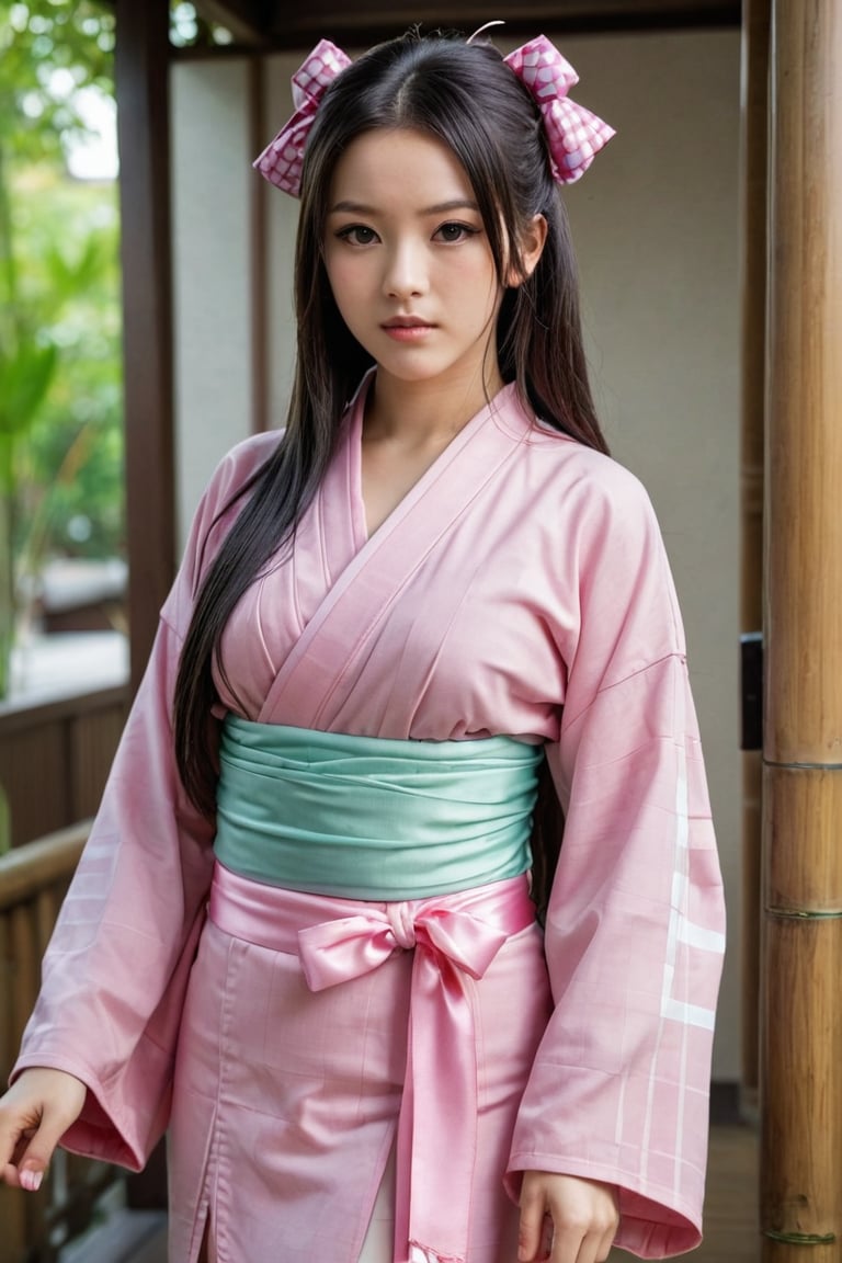 1girl, solo, long hair, looking at viewer, black hair, long sleeves, ribbon, very long hair, standing, full body, hair ribbon, multicolored hair, japanese clothes, pink eyes, kimono, two-tone hair, sash, mouth hold, obi, pink ribbon, sharp fingernails, gag, gagged, haori, pink kimono, bamboo, bit gag, checkered sash, kamado nezuko, beautiful face, cleavage cutout, bbig boobs ,photorealistic:1.3, best quality, masterpiece,MikieHara,