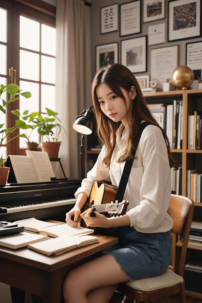 A young and pretty writer is composing song lyrics,  she has talent and she is a genius,  her room filled with creative in...