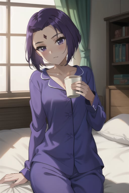 Raven wearing sexy purple pijama, at bed, drinking coffee, morning light, high detail, masterpiece