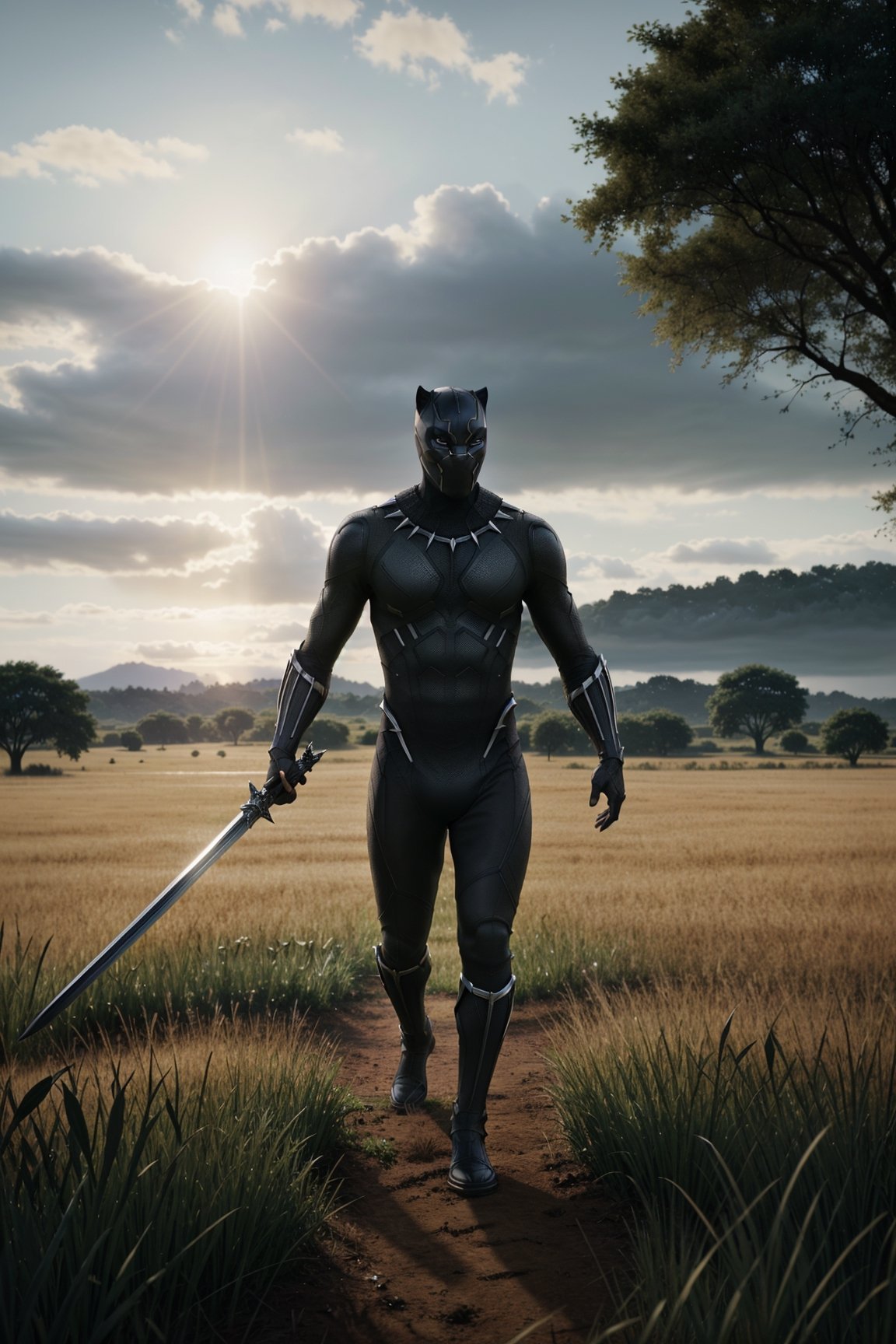 A black panther walking in fields,  black panthr ((black panther farming)) ultra hd,  realistic,  highly detailed,  UHD drawing,  perfect composition,  beautiful detailed intricate insanely detailed octane render trending on artstation,  8k artistic photography,  photorealistic concept art,  soft natural volumetric cinematic perfect light, with a long sword in hand