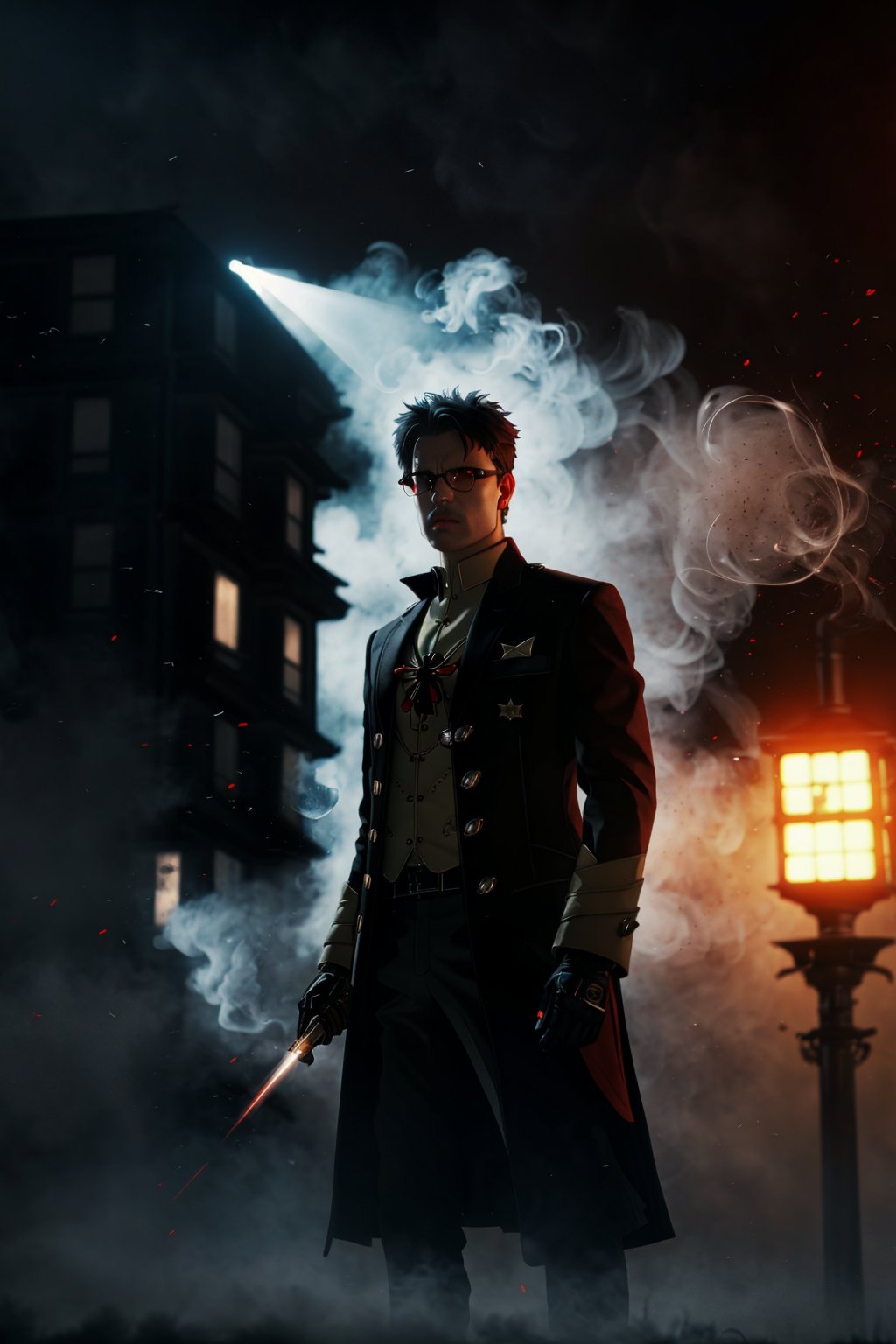 guiltys, a detective man, tuxedo on, thriller theme, upper body, deal with it, serious theme, dramatic mood, (bokeh:1.1), depth of field, style of Casey Baugh, tracers, vfx, splashes, light particles, police departament background, signs, illustration, artstation, smoke, fog, steam,blade \(honkai: star rail\),Germany Male