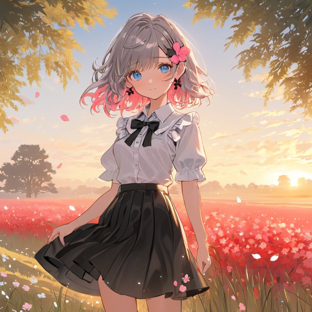 face focus, cute, masterpiece, best quality, 1girl, flower, solo, blue eyes, outdoors, skirt, smile, hair ornament, looking at viewer, jewelry, earrings, short sleeves, shirt, petals, skirt hold, bangs, frills, hair flower, blush, white shirt, sky, white hair, tree, cowboy shot, bow, sunset, black skirt, black bow, parted lips, standing, field, bowtie, breasts, pink flower, cloud, red flower, grass, flower earrings, long hair, center frills, frilled shirt, collared shirt, medium hair, black bowtie, floating hair