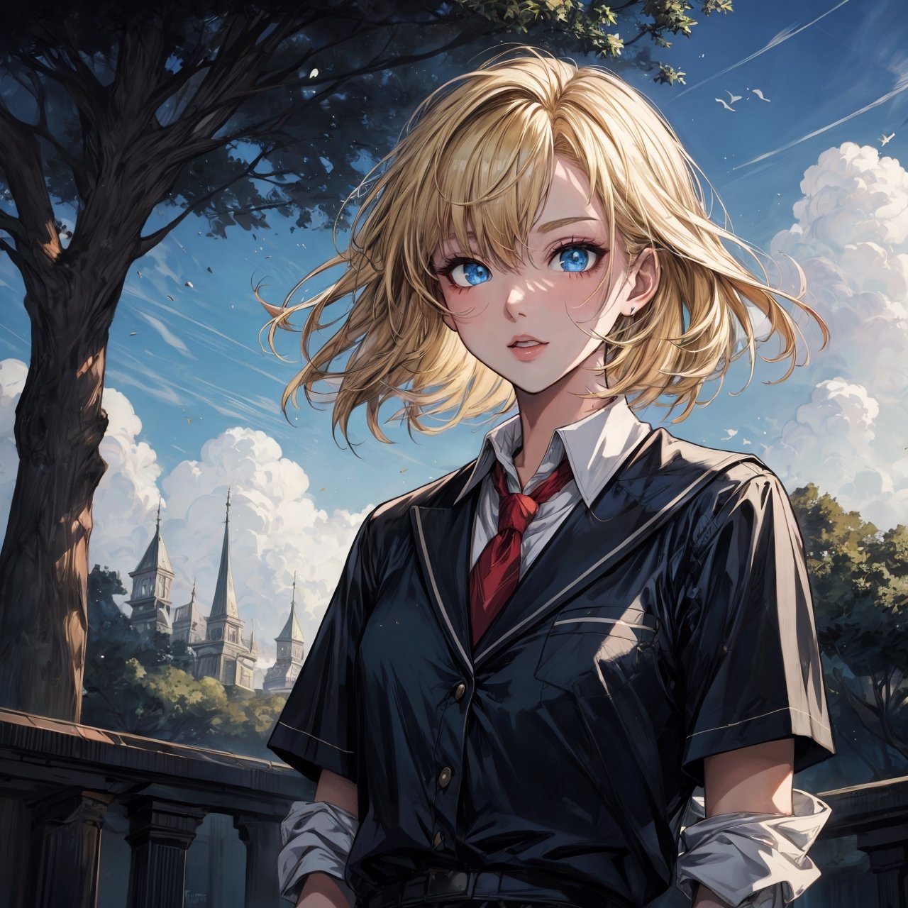 masterpiece, best quality, highres, (anime style:1.24), (1girl), blonde hair, blue eyes, sharp face feature, school attire, day, sky, green landscape, tree, 4k, pixiv, highest quality, perfect, upper_body, midjourney,studio ghibli, artgerm, greg rutkowski