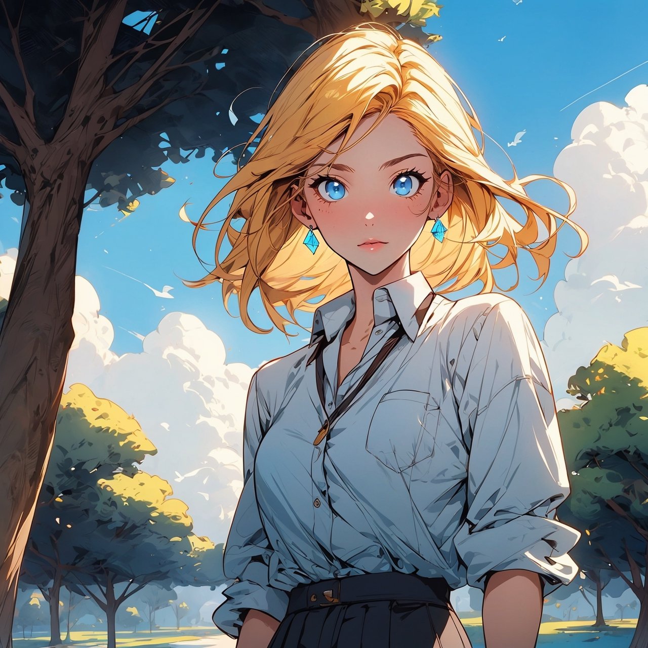 masterpiece, best quality, highres, (anime style:1.24), (1girl), blonde hair, blue eyes, sharp face feature, school attire, day, sky, green landscape, tree, 4k, pixiv, highest quality, perfect, upper_body, midjourney,studio ghibli, artgerm, greg rutkowski