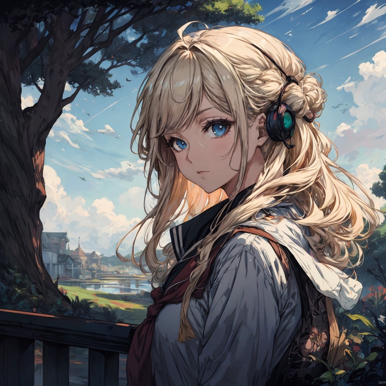 masterpiece, best quality, highres, (anime style:1.24), (1girl), blonde hair, blue eyes, sharp face feature, school attire, day, sky, green landscape, tree, 4k, pixiv, highest quality, perfect, upper_body, midjourney,studio ghibli, artgerm, greg rutkowski