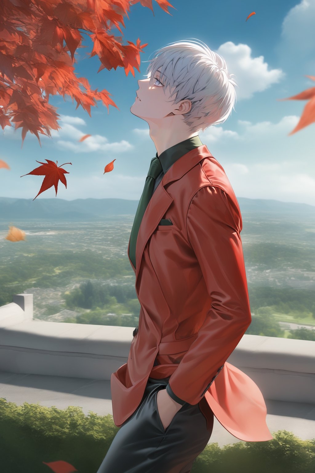 ((masterpiece, best quality)), newest, illustration, vibrant, side view, from side, perfect face, 1boy, white hair, short hair, white eyes, red suit, jacket, white necktie, black shirt, black pants, ((cowboy shot)), uhd, hdr, dlsr, high aesthetic, 8k, scenary, blue sky, cloud, chiaroscuro, green landscape, ((medieval city background:1.1)), fall_leaves, windy