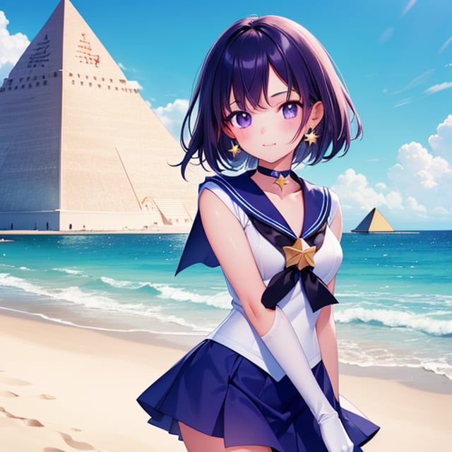 
(6 year old girl:1.7), 
(solo:1.1),  

A 6-year-old Japanese schoolgirl incorporating Sailor Saturn elements,  
looking at the viewer,  
cowboy shot,  

(In front of the pyramid:1.3),  

short purple hair,  
purple eyes,  

magical girl outfit,  
sailor senshi uniform,  
miniskirt,  
purple sailor collar,  
white gloves,  
circlet,  
brooch,  
choker,  
earrings,  
gloves,  
jewelry,  
star choker,  

beautiful and detailed illustration,  
high-quality,  
8k resolution,  
perfect lighting,  
extremely detailed CG,  
perfect hands and anatomy,  
masterpiece,  

bright,  
sunny day at a beach with a clear blue sky and soft sand.  
