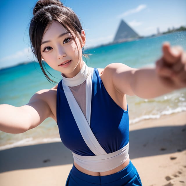 A female martial artist from Dragon Quest stands confidently in front of a camera, facing forward. She has a distinctive appearance with short, spiky hair and a determined expression. Her outfit is a vibrant, traditional martial arts uniform, featuring a sleeveless top and loose-fitting pants, adorned with unique patterns that reflect her character's style. In the background, there is a bright, sunny beach with soft sand and a majestic pyramid rising against the clear blue sky. The lighting is bright and cheerful, highlighting her dynamic pose and the beauty of the scene.