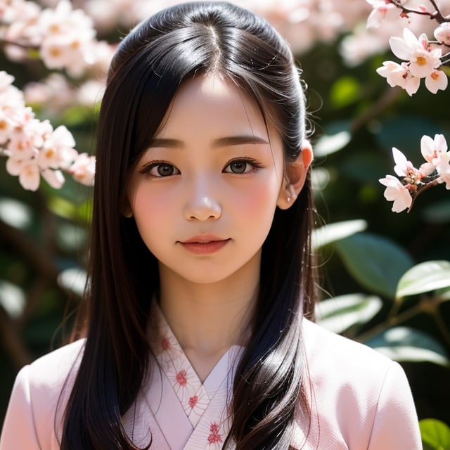 A stunning portrait of an 8-year-old Japanese girl, radiating beauty and innocence. She has long, flowing black hair, large, expressive dark eyes, and a delicate, heart-shaped face. She is wearing a traditional Japanese kimono, adorned with intricate patterns and vibrant colors. The background is a serene Japanese garden with cherry blossoms in full bloom. Highly detailed, masterpiece, 8K resolution.