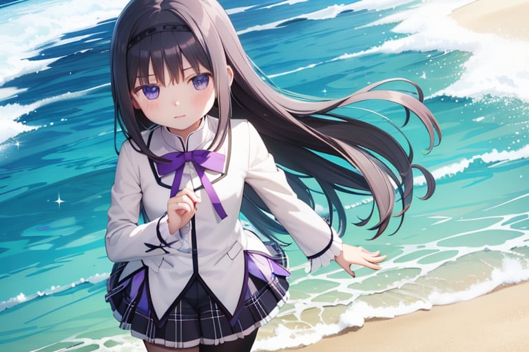 
homuramagica, long hair, pantyhose, purple eyes,

(6 year old girl:1.7), 
1 girl,  
solo,  
6 years old,  
Homura Akemi from Puella Magi Madoka Magica,  
young female,  
Japanese,  
bright purple eyes,  
long straight black hair,  
red ribbon in hair,  
sparkle with determination and mystery,  
serious expression,  
speaking,

wearing a modified magical girl outfit,  
purple and white color scheme,  
short pleated skirt,  
white blouse with purple bow,  
black thigh-high stockings,  
purple diamond-shaped soul gem on left hand,

on a sunny beach,  
bright sunny day,  
clear blue sky,  
sunlight reflecting on the sand and water,

high-resolution,  
highly detailed,  
masterpiece,  
8K,  
photorealistic,

medium shot,  
stunning,  
visually striking,
