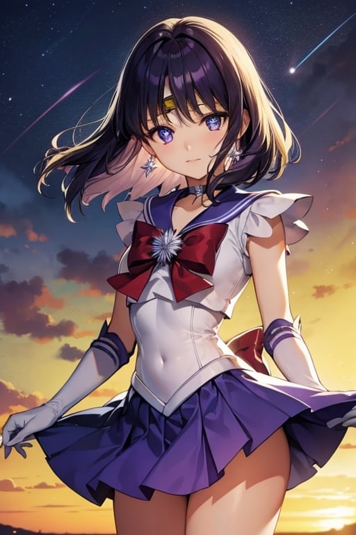 sailorsaturn, sailor saturn, (purple eyes:1.1), short hair, purple hair, circlet,BREAK brooch, choker, earrings, gloves, jewelry, magical girl, miniskirt, purple sailor collar, sailor collar, sailor senshi uniform, skirt, star choker, white gloves,BREAK outdoors, night, sky, star \(sky\), moon,BREAK looking at viewer, (cowboy shot:1.5),BREAK (masterpiece:1.2), best quality, high resolution, unity 8k wallpaper, (illustration:0.8), (beautiful detailed eyes:1.6), extremely detailed face, perfect lighting, extremely detailed CG, (perfect hands, perfect anatomy),sailor saturn