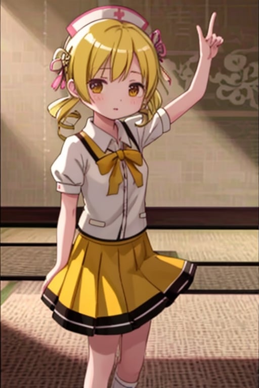 Create a stunning, high-resolution masterpiece of a solo young Japanese girl, around 6 years old, with blonde hair styled in twin drills and twintails, adorned with a cute hair ornament. Her bright yellow eyes sparkle with innocence and curiosity. She wears a traditional Japanese nurse uniform, including a collared shirt, pleated skirt, and a nurse's cap. Her expression is one of playfulness and wonder, capturing the charm and energy of a young child. Generate an image that is highly detailed and visually striking, with a focus on the character's youthful innocence and endearing personality. Highly detailed, masterpiece, 8K, 3D, photorealistic, 1 girl, solo, young, female, Japanese, nurse uniform, nurse's cap, playful expression, curious.