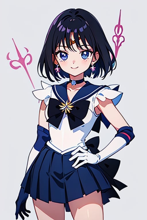 (masterpiece, best quality:1.2), , solo, 1girl, sailor saturn, magical girl, smile, closed mouth, looking at viewer, hand on hip, tiara, sailor senshi uniform, pleated skirt, elbow gloves, jewelry, brooch, choker