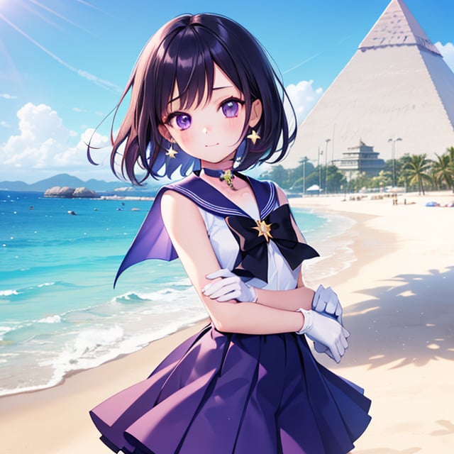 
(6 year old girl:1.7), 
(solo:1.1),  

A 6-year-old Japanese schoolgirl incorporating Sailor Saturn elements,  
looking at the viewer,  
cowboy shot,  

(In front of the pyramid:1.3),  

short purple hair,  
purple eyes,  

magical girl outfit,  
sailor senshi uniform,  
miniskirt,  
purple sailor collar,  
white gloves,  
circlet,  
brooch,  
choker,  
earrings,  
gloves,  
jewelry,  
star choker,  

beautiful and detailed illustration,  
high-quality,  
8k resolution,  
perfect lighting,  
extremely detailed CG,  
perfect hands and anatomy,  
masterpiece,  

bright,  
sunny day at a beach with a clear blue sky and soft sand.  
