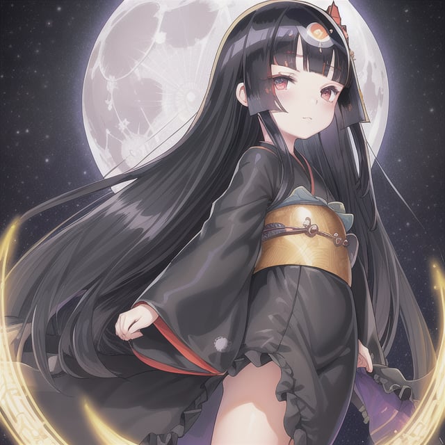 (black hair:1.5),
masterpiece, best quality, intricate details, (kaguya-hime:1.5), (little girl:1.5), (petite:1.5), beautiful child, black hair, white skin, light purple eyes, traditional Japanese kimono, (full moon background:1.3), ethereal glow, innocent smile, (childlike features:1.2), (fairy tale atmosphere:1.3), upper body portrait, (moonlit sky:1.2), (soft moonlight illumination:1.2), (lunar landscape:1.1), (kimono with moon patterns:1.1), (celestial theme:1.2)