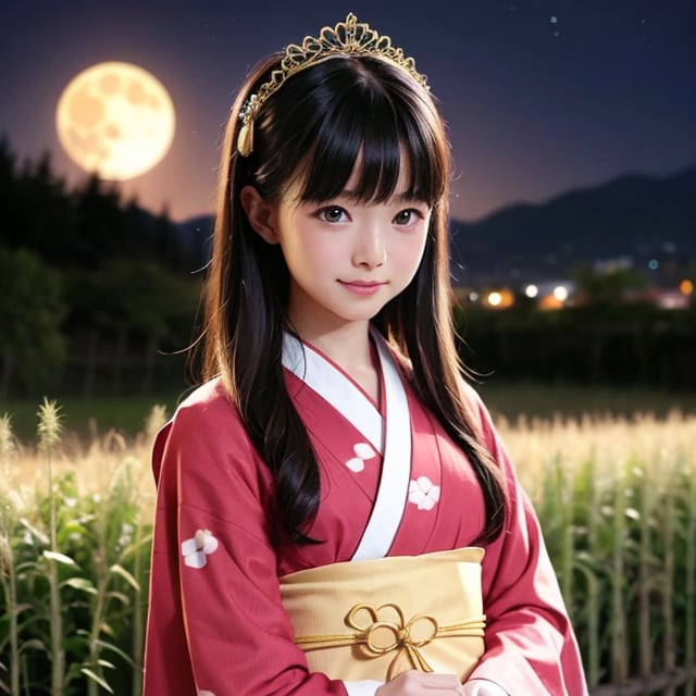 Six-year-old Princess Kaguya,
young Japanese girl,
long flowing black hair,
innocent and serene expression,

traditional child's kimono,
delicate and colorful patterns,
small golden crown or hairpin,

giant full moon in background,
lunar surface details visible,
starry night sky,

Japanese landscape elements,
silhouette of bamboo grove,
distant mountains in moonlight,

soft moonlight illumination,
celestial glow around the child,
mystical and ethereal atmosphere,

8K resolution,
hyper-realistic details,
cinematic composition,

child standing facing forward,
gazing at the moon with wonder,
aura of innocence and mystery,

subtle sparkles or stardust,
gentle breeze effect on hair and kimono,