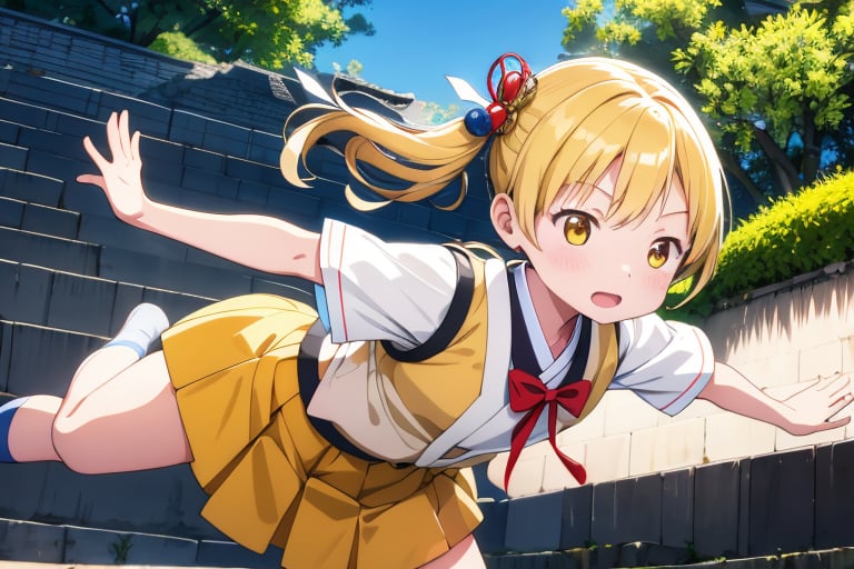 1 girl,
solo,
young Japanese girl,
around 6 years old,
bright yellow eyes,
sparkle with innocence and curiosity,
playful expression,
curious,
young,
female,
Japanese,

wearing a Japanese school uniform,
collared shirt,
pleated skirt,
backpack,

blonde hair,
styled in twin drills and twintails,
adorned with a cute hair ornament,

 front of a Mayan pyramid temple,

bright sunny day,
clear blue sky,
sunlight,

high-resolution,
highly detailed,
masterpiece,
8K,
3D,
photorealistic,

medium shot,

stunning,
visually striking,
youthful innocence,
endearing personality,
playfulness and wonder,
charm and energy of a young child,