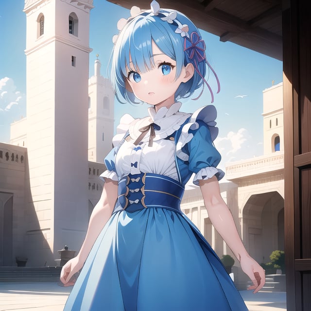 
(6 year old girl:1.7),
(cowboy shot:1.4), Rem from Re:Zero, (insanely detailed:1.1), (Ultra detailed:1.1), (8K resolution:1.2), (photorealistic:1.1), (natural lighting:1.1), young adult, big blue eyes, short light blue hair with side bangs, cute expression, wearing a distinctive maid outfit with frills and bows, blue and white color scheme, outdoors, Kaaba in Mecca as background, bright sunny day, clear sky, looking at viewer, confident pose, (hyper-realistic:1.1), Islamic architecture, pilgrims, Grand Mosque, sacred atmosphere