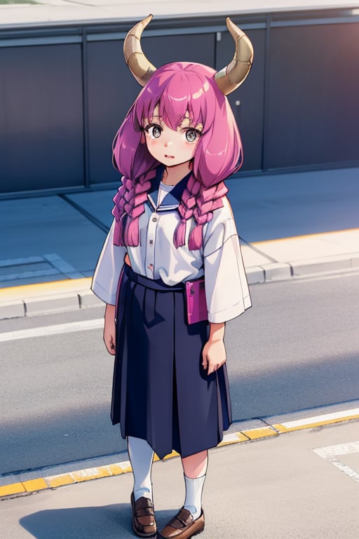 aaaura, braid, twin braids, horns, 

(Office worker clothes:1.3),

Create a photorealistic, ultra-high-resolution (8K) image of a young, petite 6-year-old Japanese girl with a gentle and kind expression. She should be wearing a nurse's uniform and standing on the rooftop of a school on a bright, sunny day.