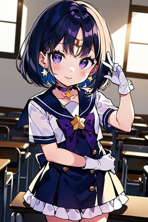  (A five-year-old girl:1.5),
 (Five years old:1.5),
 (infant:1.5),
 (little girl:1.5),
A beautiful and detailed illustration of a 6-year-old Japanese schoolgirl in a classroom setting, incorporating Sailor Saturn elements. She has short purple hair, purple eyes, and is wearing a magical girl outfit with a sailor senshi uniform, miniskirt, purple sailor collar, white gloves, circlet, brooch, choker, earrings, gloves, jewelry, and a star choker. The image should be in a high-quality, 8k resolution, with perfect lighting, extremely detailed CG, and perfect hands and anatomy. The girl should be looking at the viewer in a cowboy shot, with a natural light source and a school background. 