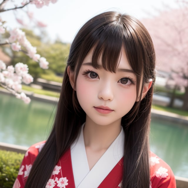 A stunning portrait of an 8-year-old Japanese girl, radiating beauty and innocence. She has long, flowing black hair, large, expressive dark eyes, and a delicate, heart-shaped face. She is wearing a traditional Japanese kimono, adorned with intricate patterns and vibrant colors. The background is a serene Japanese garden with cherry blossoms in full bloom. Highly detailed, masterpiece, 8K resolution.