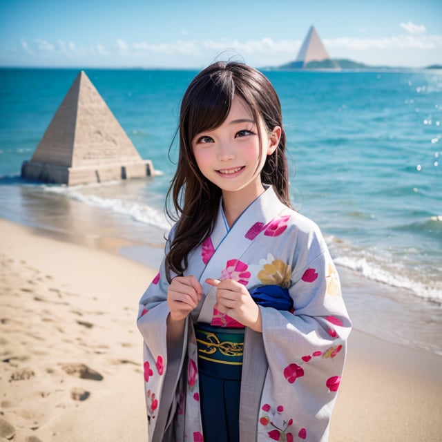 A six-year-old Japanese girl with long black hair, wearing a traditional kimono, stands in front of a camera, facing forward. She is standing on a bright, sunny beach by the sea, with soft sand beneath her feet and a majestic pyramid in the background. The girl's expression is one of joy and wonder, her eyes sparkling as she takes in the beauty of the beach and the pyramid. The lighting is bright and cheerful, casting a warm glow on the scene.