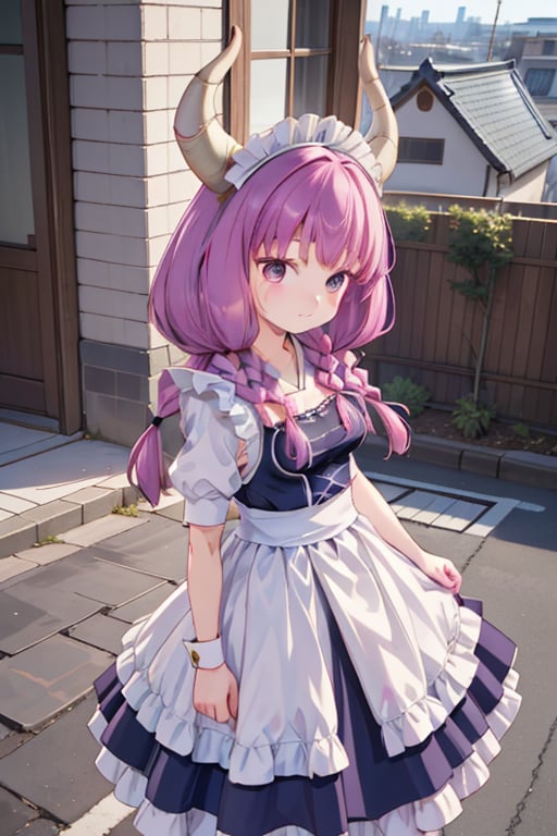 aaaura, braid, twin braids, horns, 

(A girl dressed as a maid:1.3),

Create a photorealistic, ultra-high-resolution (8K) image of a young, petite 6-year-old Japanese girl with a gentle and kind expression. She should be standing on the rooftop of a school on a bright, sunny day.