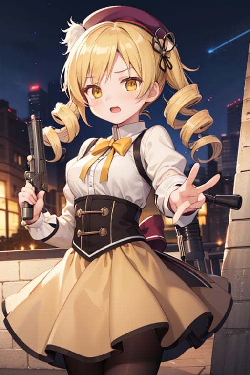 best quality, masterpiece, highres, solo, blonde_hair, drill_hair, twin_drills, twintails, hair_ornament, yellow_eyes, magical_girl, 1girl, beret, gun, hat, parody, weapon, open_mouth