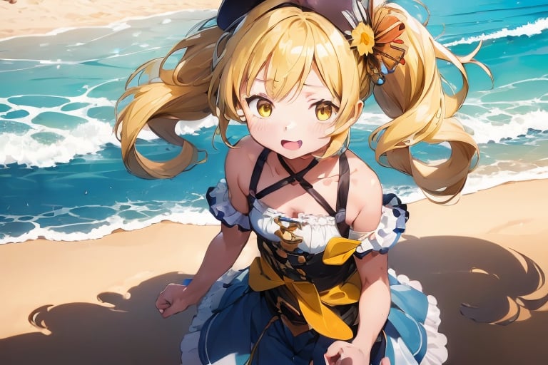 
(6 year old girl:1.7), 
standing,
(cowboy shot:1.3), 
best quality, masterpiece, highres, solo, blonde_hair, drill_hair, twin_drills, twintails, hair_ornament, yellow_eyes, magical_girl, 1girl, beret, hat, parody, bright sunny beach, ocean, sand, clear sky
