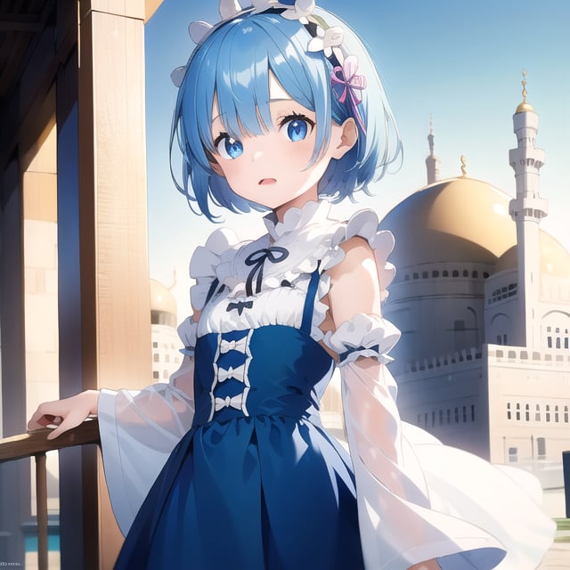 
(6 year old girl:1.7),
(cowboy shot:1.4), Rem from Re:Zero, (insanely detailed:1.1), (Ultra detailed:1.1), (8K resolution:1.2), (photorealistic:1.1), (natural lighting:1.1), young adult, big blue eyes, short light blue hair with side bangs, cute expression, wearing a distinctive maid outfit with frills and bows, blue and white color scheme, outdoors, Kaaba in Mecca as background, bright sunny day, clear sky, looking at viewer, confident pose, (hyper-realistic:1.1), Islamic architecture, pilgrims, Grand Mosque, sacred atmosphere