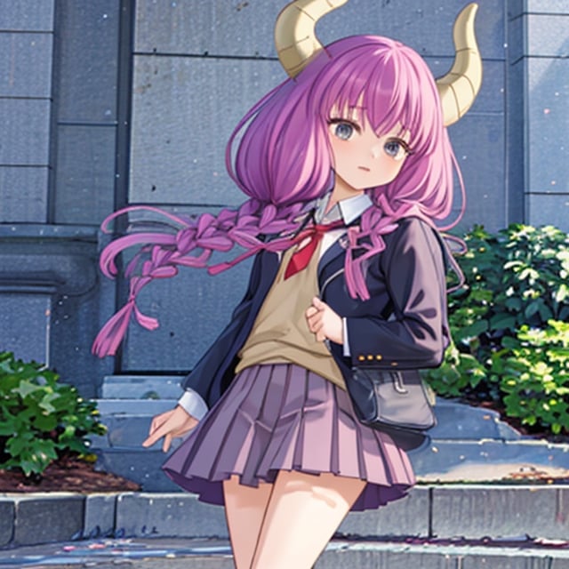 aaaura, braid, twin braids, horns, 

Highly detailed, photorealistic portrait of a young, petite Japanese high school girl with long, beautiful hair in twin braids, wearing a school uniform with a pleated skirt, blazer, tie, and loafers, carrying a backpack. She has a gentle, kind expression and looks like a cute, pretty idol. The image is ultra-detailed, masterfully crafted, and of the highest picture quality.