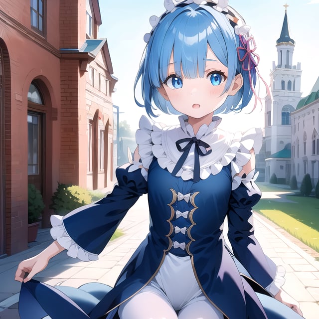 (6 year old girl:1.7), (cowboy shot:1.4), Rem from Re:Zero, (insanely detailed:1.1), (Ultra detailed:1.1), (8K resolution:1.2), (photorealistic:1.1), (natural lighting:1.1), young adult, big blue eyes, short light blue hair with side bangs, cute expression, wearing a distinctive maid outfit with frills and bows, blue and white color scheme, outdoors, the Kremlin in Moscow as background, bright sunny day, clear sky, looking at viewer, confident pose, (hyper-realistic:1.1), Russian architecture, historical atmosphere