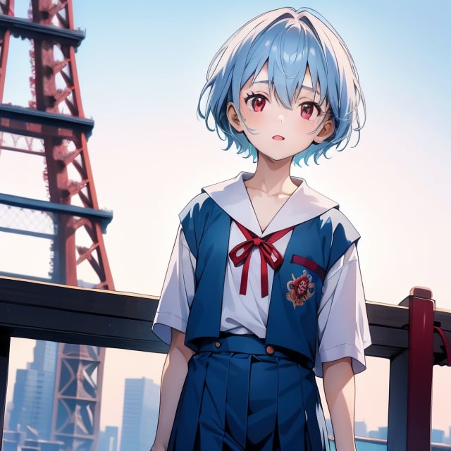 (6 year old girl:1.7), ayanami_rei, (insanely detailed:1.1), (Ultra detailed:1.1), high-quality 8K illustration, (cowboy shot:1.4), 1girl, looking at viewer, solo, blue hair, red eyes, hair between eyes, (short hair:1.2), (casual clothes:1.3), (school uniform:1.2), on a bright sunny day, (Tokyo Tower in background:1.4), beautiful detailed sky, beautiful detailed glow, posing in front of a dynamic background, masterpiece, best quality, beautiful and aesthetic, female focus, wallpaper
