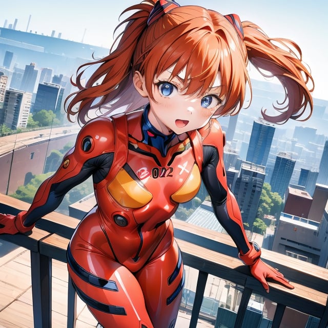 (6 year old girl:1.7), Asuka Langley Soryu from Neon Genesis Evangelion, young child, blue eyes, orange hair, hair between eyes, cute expression, childlike features, wearing a red plugsuit, outdoors, looking at viewer, innocent pose, background is Tokyo Tower, cityscape