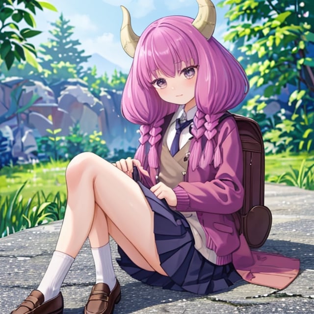 aaaura, braid, twin braids, horns, 

Create a photorealistic, ultra-high-resolution (8K) image of a young, petite Japanese high school student with a gentle and kind expression. She should be wearing a traditional schoolgirl uniform, consisting of a pleated skirt, blazer, tie, and loafers, with a backpack by her side. Her hair should be styled in intricate, twin braids adorned with subtle, shimmering aaaura accents and horns. The image should exude a bright, natural atmosphere, with highly detailed textures and subtle, realistic lighting. The subject should embody the qualities of a cute and pretty idol, with minimal jewelry and a focus on her natural beauty. The overall image should be a masterpiece of ultra-detailed, top-quality artistry, evoking a sense of wonder and enchantment in the viewer.